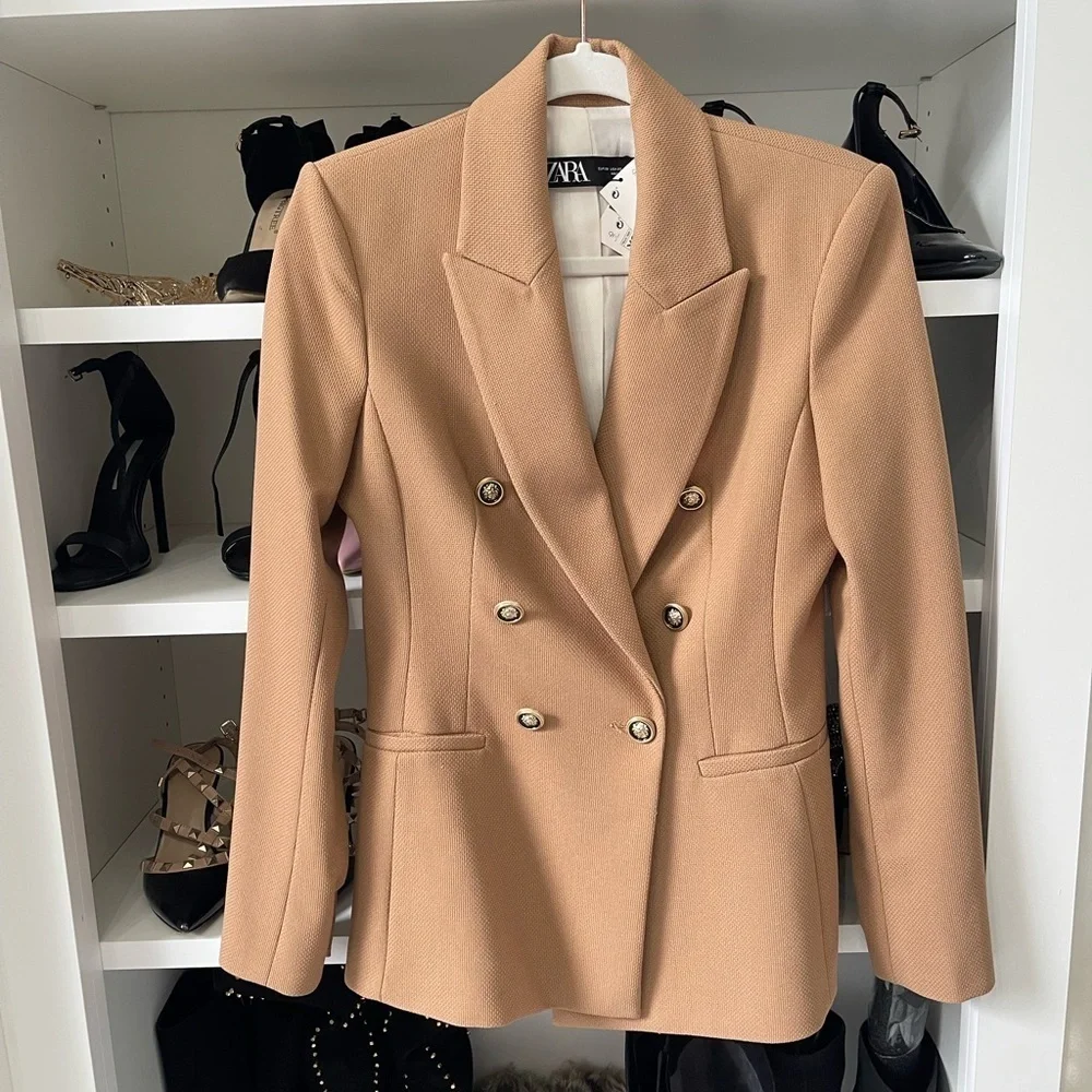 NEW WOMAN DOUBLE-BREASTED PIQUÉ BLAZER TAILORED JACKET CAMEL  XS